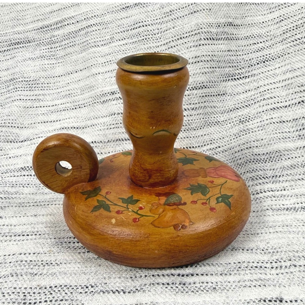 Vintage Hand Painted Folk Art Wooden Candlestick Holder 1960s Signed Cottagecore